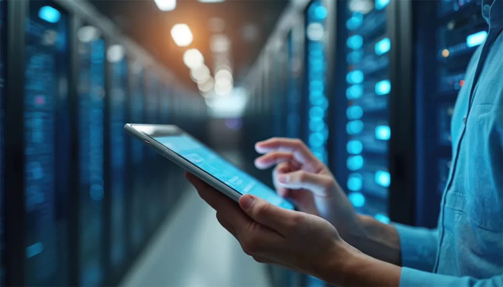 Nahaufnahme auf Tablet, Server im Hintergrund